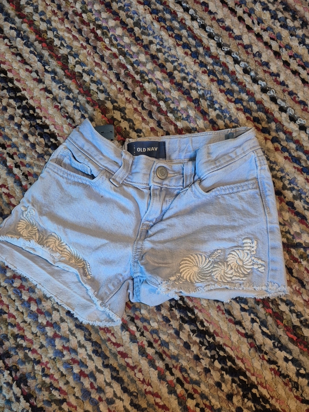 Old Navy Light Blue Denim Shorts with Cream Floral Embroidery